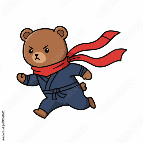 A determined cartoon bear dressed as a ninja, wearing a blue gi and a red scarf, running with a fierce expression.