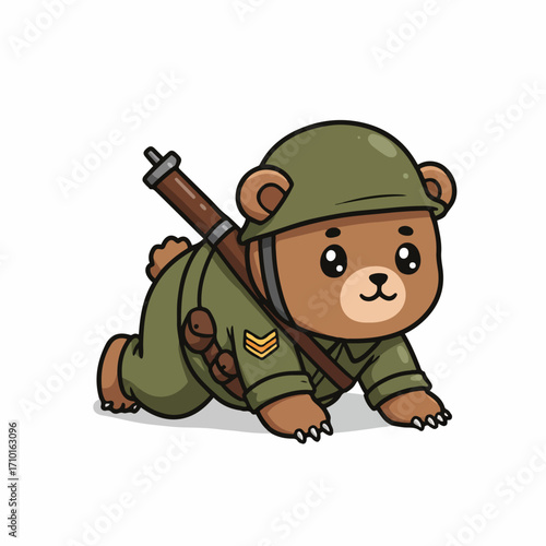 A cute cartoon bear dressed as a soldier, wearing a helmet and uniform, crawling with a rifle on its back.