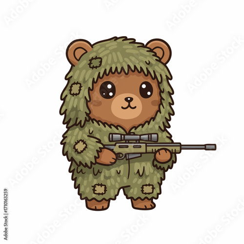 A cute cartoon bear dressed in a ghillie suit, holding a sniper rifle, ready for action.