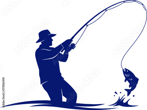 anglers triumph blue silhouette of fisherman landing a fish, isolated on transparent background
