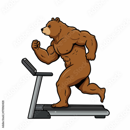 A muscular brown bear is depicted running on a treadmill, showcasing a humorous blend of wildlife and fitness.