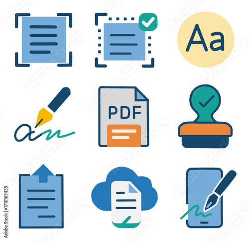 Set of 9 flat design icons for scan and eSign. Includes PDF, digital signature, cloud storage, stamp, approval, text recognition, and mobile signing