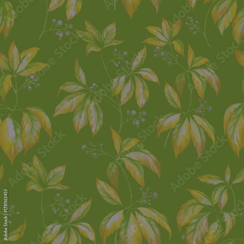 Watercolor pattern of wild intertwining grapes blooming