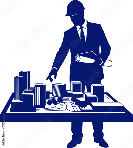 architects vision blueprints and cityscape model, urban development concept, isolated on transparent background