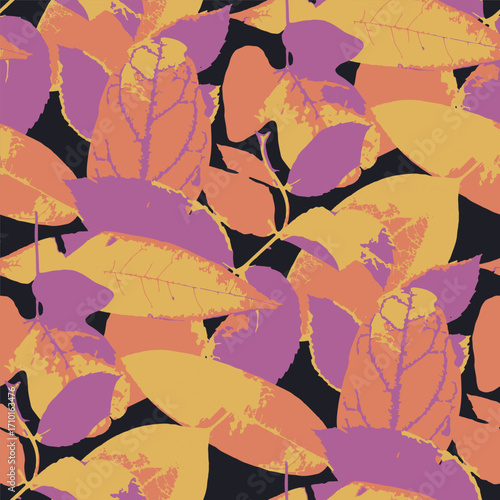 Seamless pattern with dry herbarium leaves in bold vivid colors. Cottagecore autumn foliage repeat wallpaper