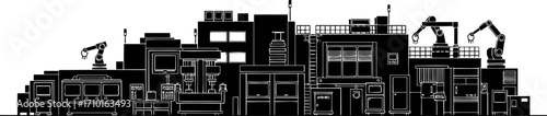 automated assembly line a black silhouette of robotic manufacturing, isolated on transparent background