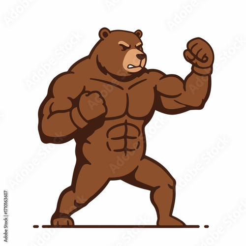 A muscular brown bear in a fighting stance, with its fists raised and a determined expression on its face.
