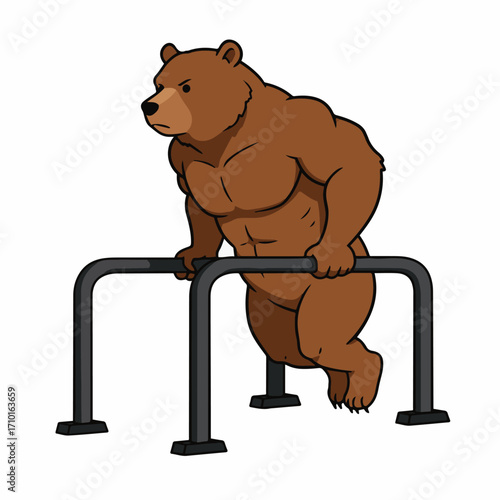 A muscular cartoon bear performing dips on parallel bars, showcasing strength and fitness.