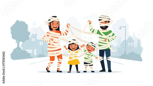 Halloween mummy family: A cheerful illustration of a family dressed up as mummies, embracing the Halloween spirit. The scene captures the joy and playful nature of Halloween.