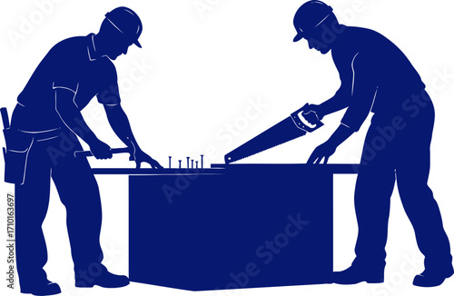 blue collar collaboration two craftsmen building, teamwork, construction, isolated on transparent background