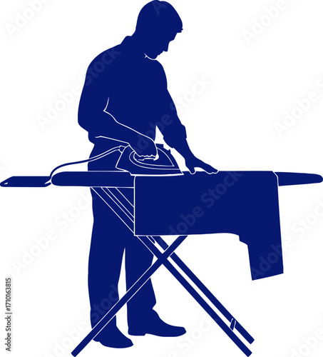 blue collar man ironing clothes, domestic tasks, daily routine silhouette, isolated on transparent background