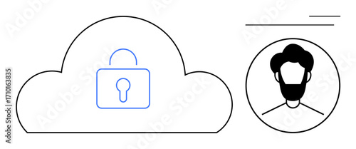 Cloud icon with a lock represents data protection, next to a user profile circle. Ideal for cybersecurity, data storage, privacy, authentication, identity management, user safety digital access. A