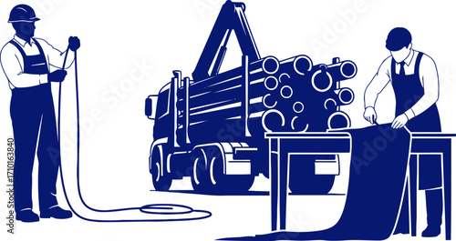 blue collar precision silhouette of workers, pipes, and industrial diligence, isolated on transparent background