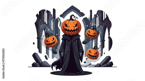 Jack-o'-lantern Specter: In a stylized graphic, a spectral figure with a carved pumpkin head stands amidst a Halloween backdrop, accompanied by levitating jack-o'-lanterns.