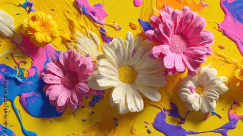 A vibrant display of daisies in full bloom, set against a backdrop of colorful paint splashes and artistic expression
