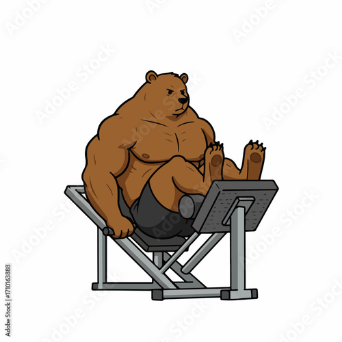 A muscular cartoon bear is working out on a leg press machine in a gym.