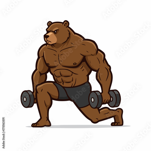 A muscular brown bear performing a lunge exercise with dumbbells in each hand, showcasing strength and fitness.
