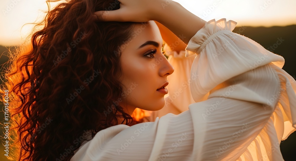 Fototapeta premium A beautiful young woman with curly red hair, illuminated by the warm glow of the setting sun, poses with her hand on her head, showcasing her profile against a blurred natural backdrop