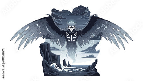 Mystical Creature's Ascent: A mesmerizing artwork unveils a spectral being, soaring with ethereal wings against a backdrop of turbulent seas and ominous clouds.