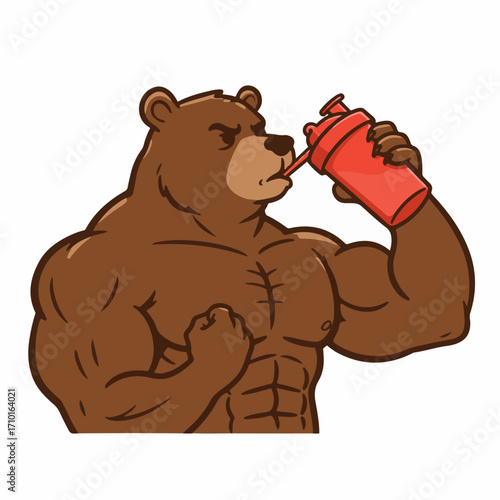 A muscular cartoon bear with defined abs is drinking from a red shaker bottle with a straw.