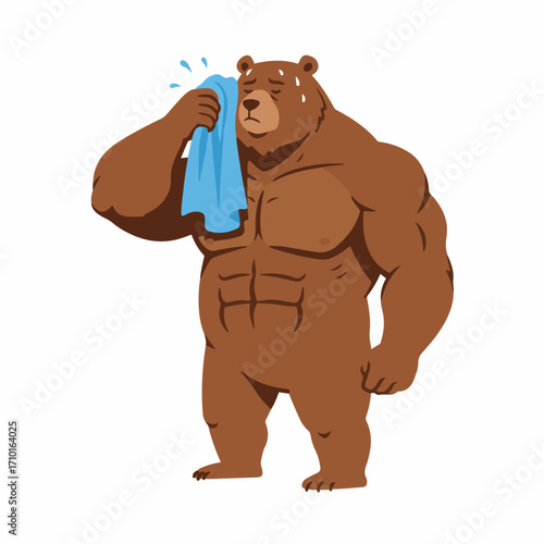 A muscular brown bear wiping sweat from its forehead with a blue towel, appearing tired and overheated.