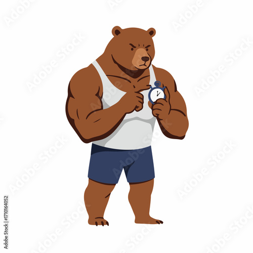 A muscular brown bear wearing a white tank top and blue shorts, holding a stopwatch and pointing at it.