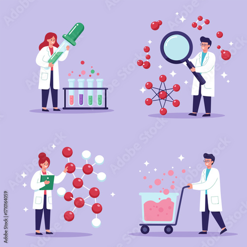 Vector cartoon illustration set of researcher and scientist