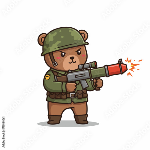 A cartoon bear dressed as a soldier, wearing a helmet and uniform, holding a rocket launcher that is firing.