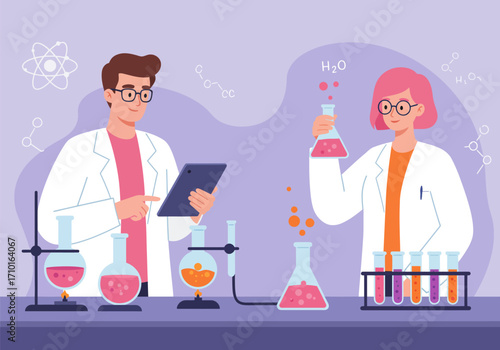 Two scientist professionals, collaborate in a laboratory, a man writing the results of an experimen and a woman holding a test tube