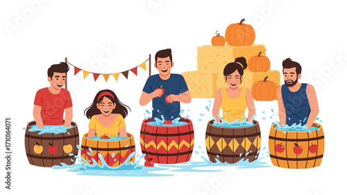 Autumn Fun in Apple Bobbing: A lively illustration captures a festive scene of people enjoying apple bobbing in barrels of water. The joyful atmosphere is enhanced by pumpkins and bunting.