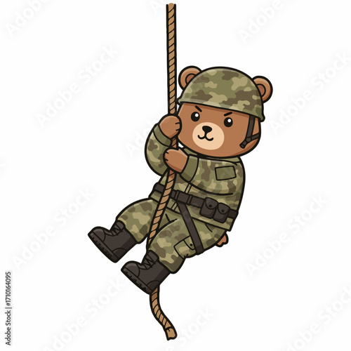 A cute cartoon bear dressed in a camouflage military uniform rappels down a rope.