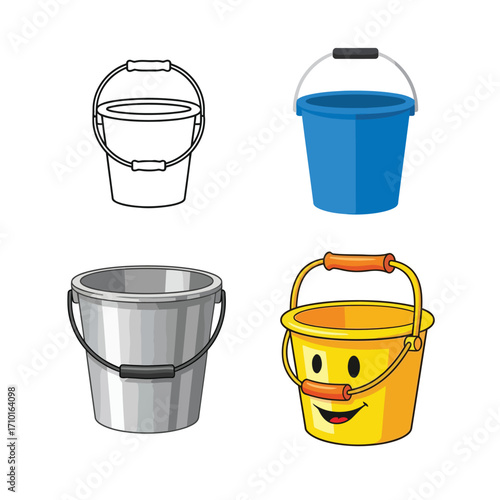 A collection of four different bucket illustrations, including a line drawing, a blue plastic pail, a metal bucket, and a yellow toy pail with a smiley face.