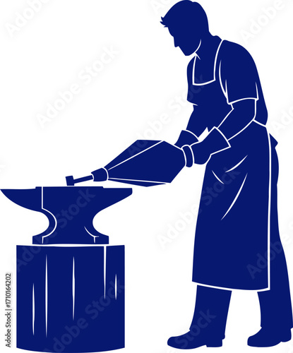 blue silhouette of blacksmith forging metal strength, skill, and craftsmanship, isolated on transparent background