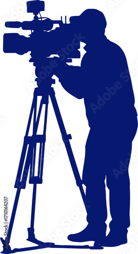 blue silhouette of cameraman capturing the moment, movie production, isolated on transparent background