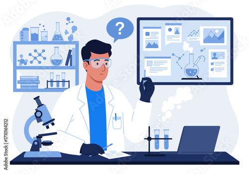 A male scientist is confused while conducting research