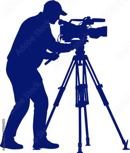 blue silhouette of cameraman cinematic storytelling in action, isolated on transparent background