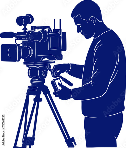 blue silhouette of cameraman setting up tripod filmmaking, video production, cinematic art, isolated on transparent background