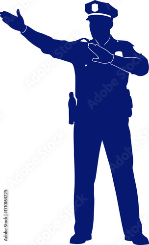 blue silhouette police officer directing traffic city safety, urban control, isolated on transparent background