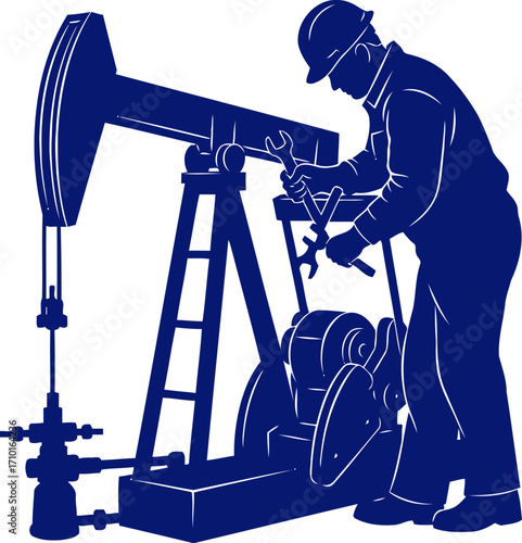 bluecollar power a silhouette of an oil worker maintaining a pumping unit, isolated on transparent background