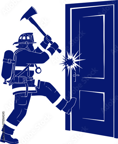 brave firefighter breaching door emergency rescue, courage under fire, isolated on transparent background