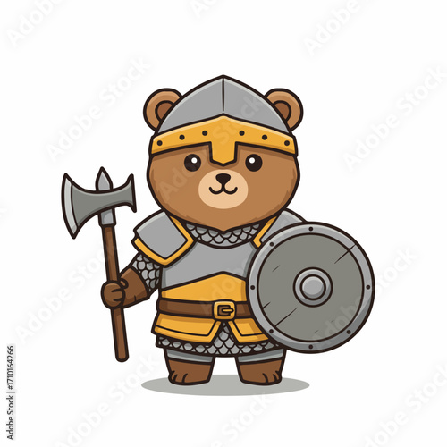 A cute cartoon bear dressed as a medieval knight, holding an axe and shield.