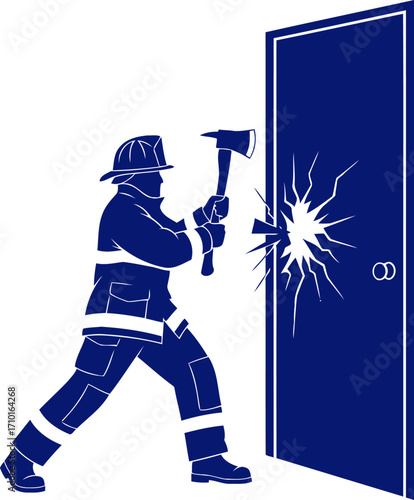 brave firefighter breaking down door emergency rescue silhouette, isolated on transparent background