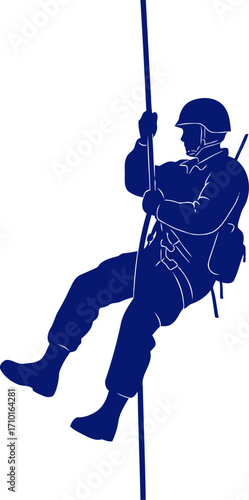 brave soldier descending a navy blue silhouette of courage and duty, isolated on transparent background