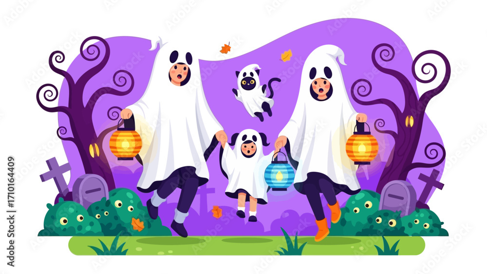 Naklejka premium Spooky Family Halloween Costume: A whimsical illustration captures the joy of a family embracing the Halloween spirit, dressed in ghost costumes.