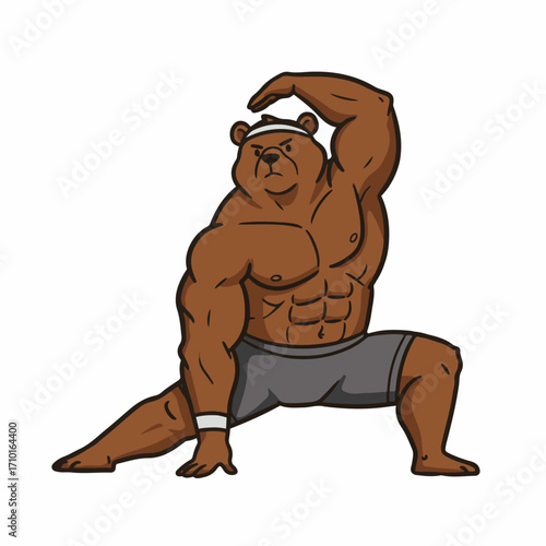 A muscular cartoon bear in athletic wear performing a yoga pose, demonstrating strength and flexibility.