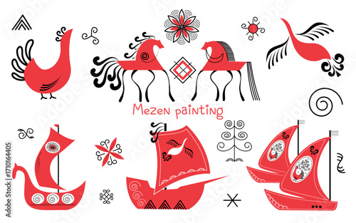 Vector set of hand drawn ornamental elements in traditional russian folk style. Mezen painting. Illustration of red horse, bird, ships in geometric art style on white background