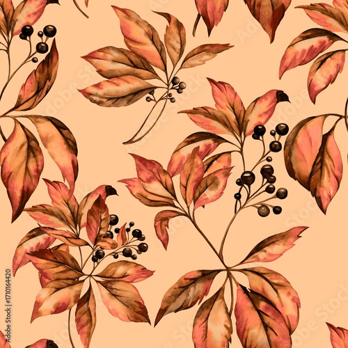 Watercolor pattern of wild intertwining grapes blooming