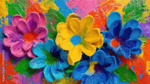 Vibrant and colorful floral arrangement with glittery petals and a textured background, creating a festive and eyecatching composition