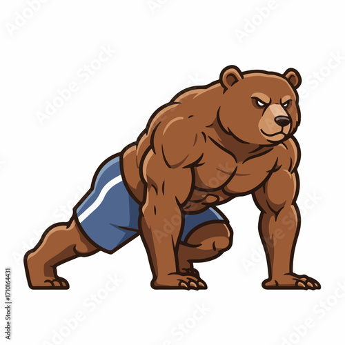 A muscular cartoon bear wearing blue shorts, in a dynamic pose suggesting strength and athleticism.