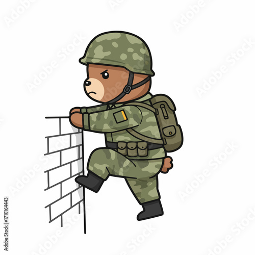 A cartoon bear dressed as a soldier is climbing over a brick wall.